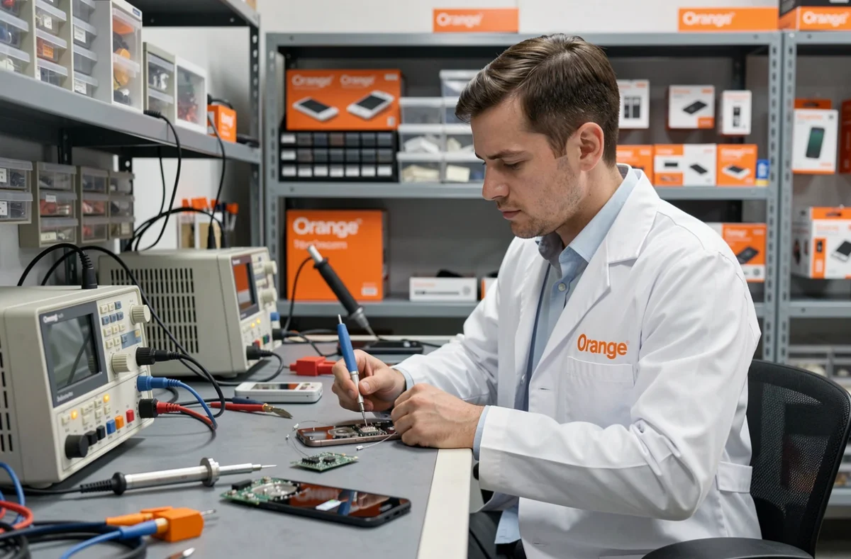 Technicien Restore Electronique en partenariat Orange réparant une carte mère de smartphone