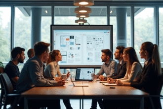 Réunion dans un bureau moderne avec une équipe diverse