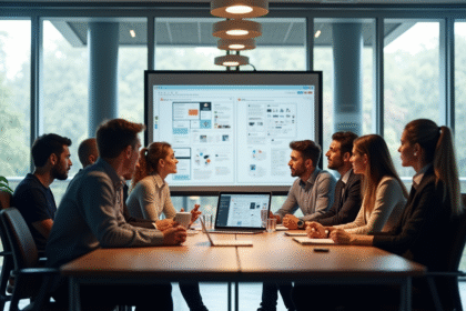 Réunion dans un bureau moderne avec une équipe diverse