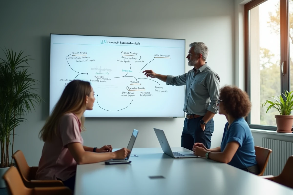 Groupe de collègues discutant devant un tableau blanc digital