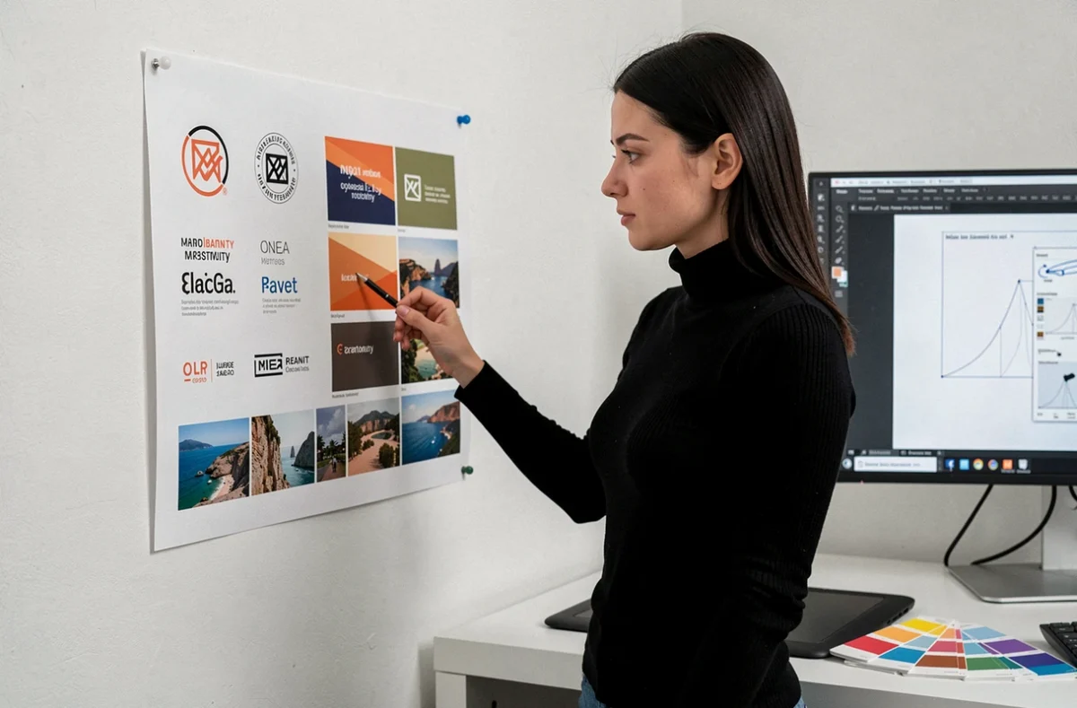 Designer graphique féminine étudiant une planche d'identité visuelle et de webdesign épinglée au mur dans un studio créatif