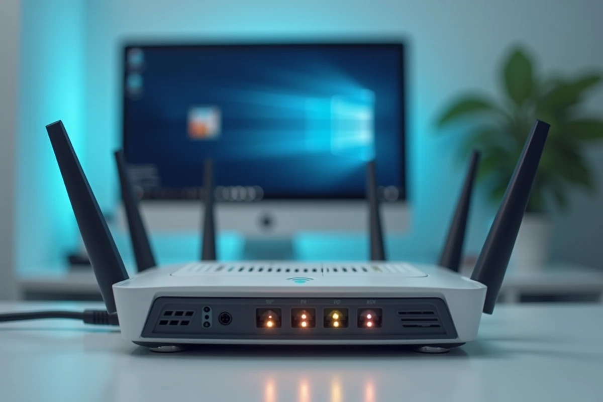 Routeur Wi-Fi domestique avec câble ethernet déconnecté et DEL clignotantes symbolisant un problème d'accès à 192.168.1.1