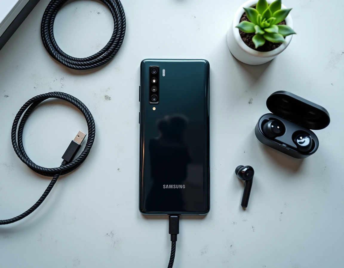 Vue de dessus du Samsung Galaxy A05s posé sur un bureau avec accessoires et câble USB-C