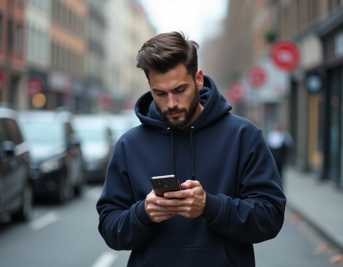 Homme consultant son Samsung Galaxy A05s dans la rue, affichant un fil d'actualité sur l'écran
