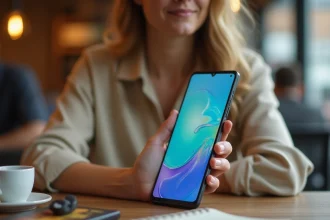Femme tenant un Samsung Galaxy A05s dans un café, affichant l'écran d'accueil du smartphone