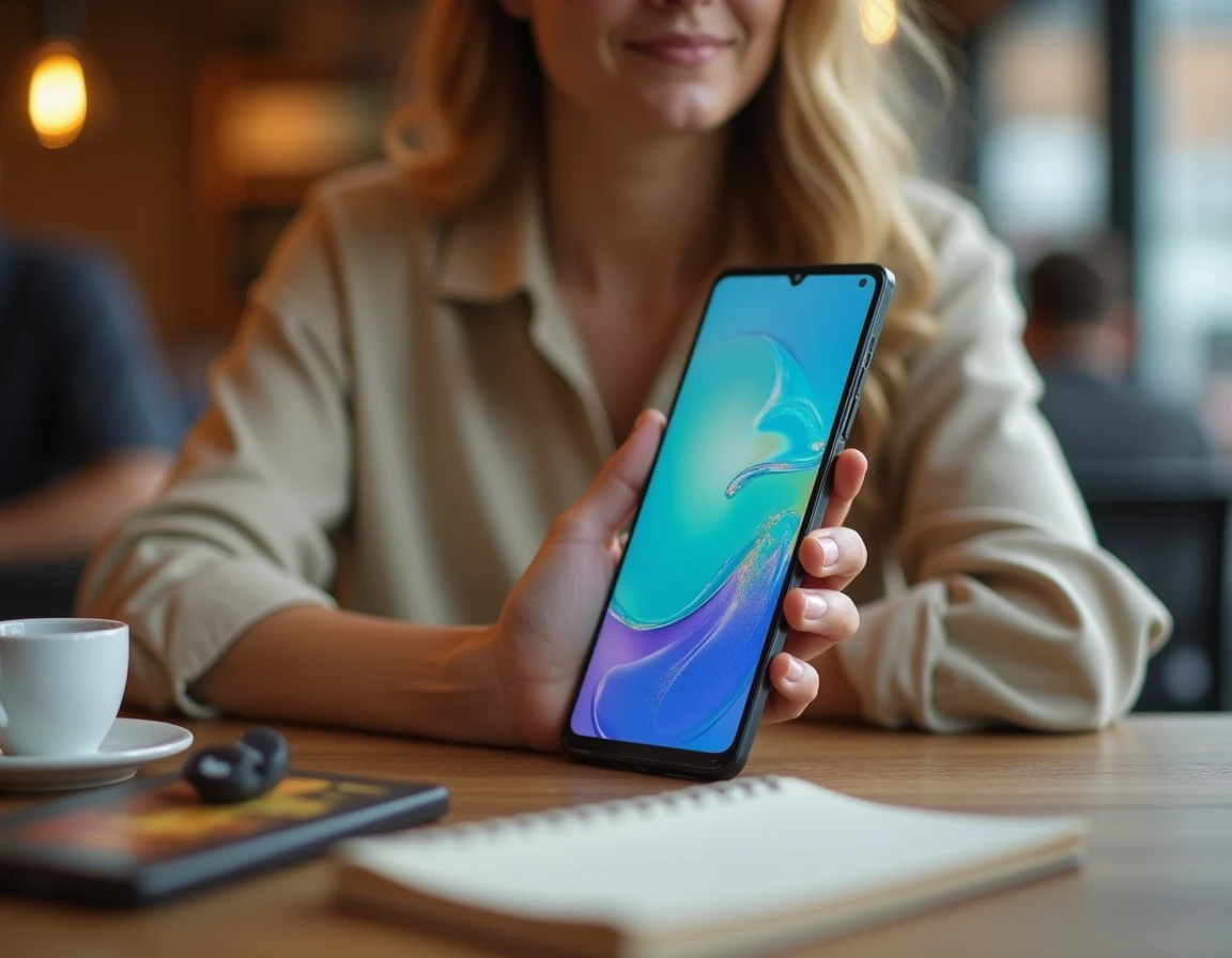 Femme tenant un Samsung Galaxy A05s dans un café, affichant l'écran d'accueil du smartphone