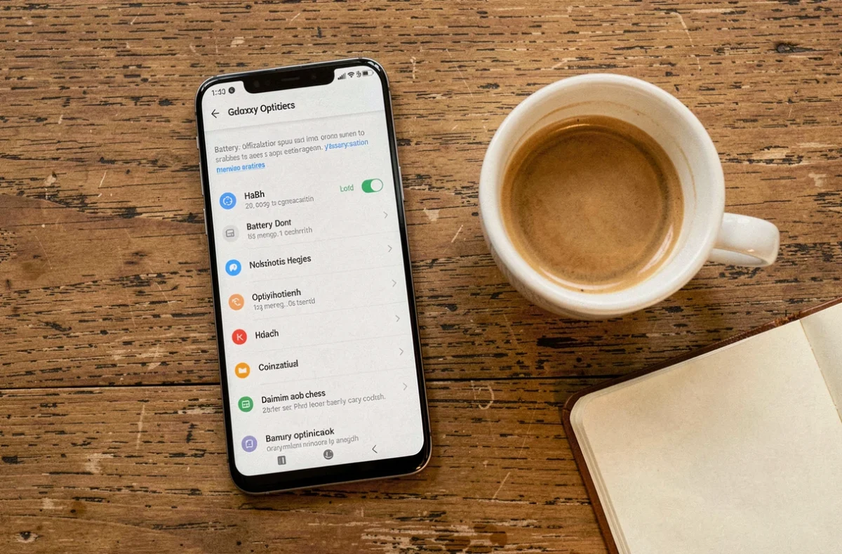Samsung Galaxy posé sur une table de café avec les astuces de batterie affichées à l'écran
