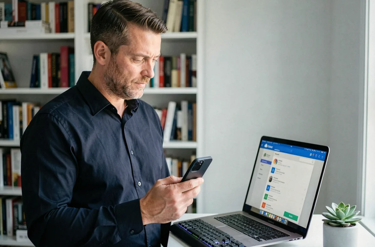 Homme consultant une sauvegarde iCloud sur ordinateur portable tout en tenant un nouvel iPhone 12 dans son bureau à domicile
