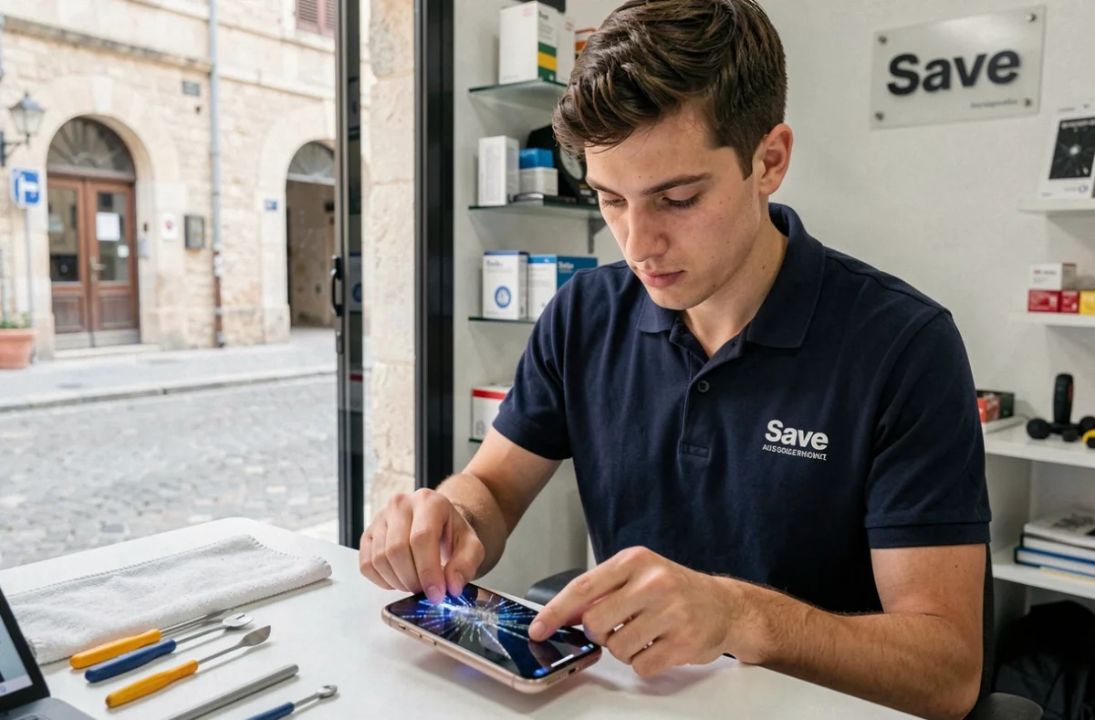 Technicien de Save Avignon remplaçant l'écran d'un smartphone au comptoir de réparation