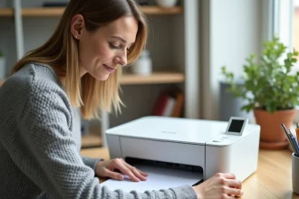 Femme plaçant un document sur le scanner d'une imprimante multifonction à la maison