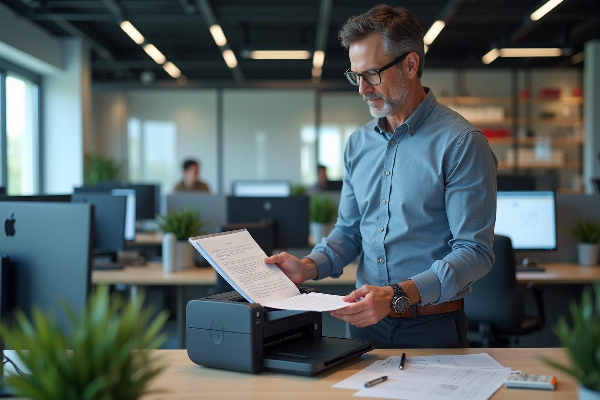 Employe homme en smartcasual scannant des papiers dans un bureau moderne