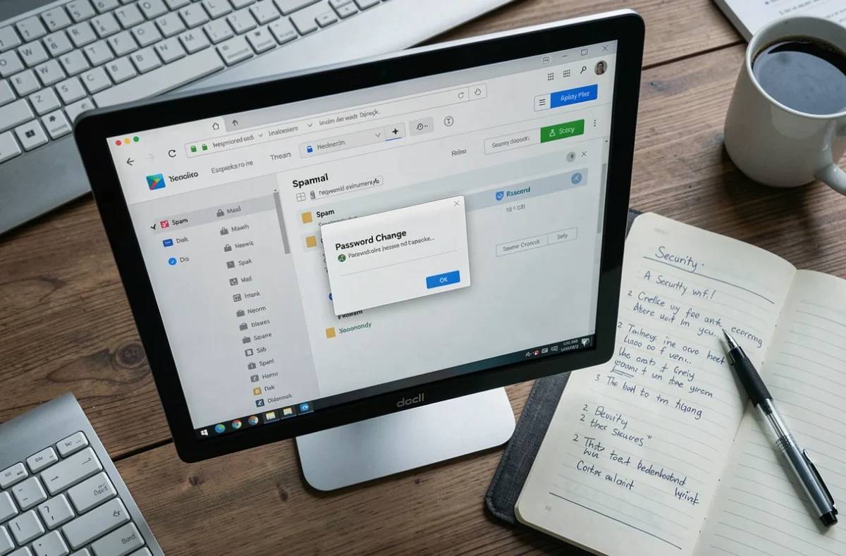 Vue de bureau avec écran webmail affichant un dossier spam et une boîte de dialogue de changement de mot de passe