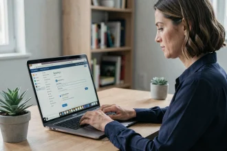 Femme configurant la sécurité de son webmail sur un ordinateur portable dans un bureau à domicile