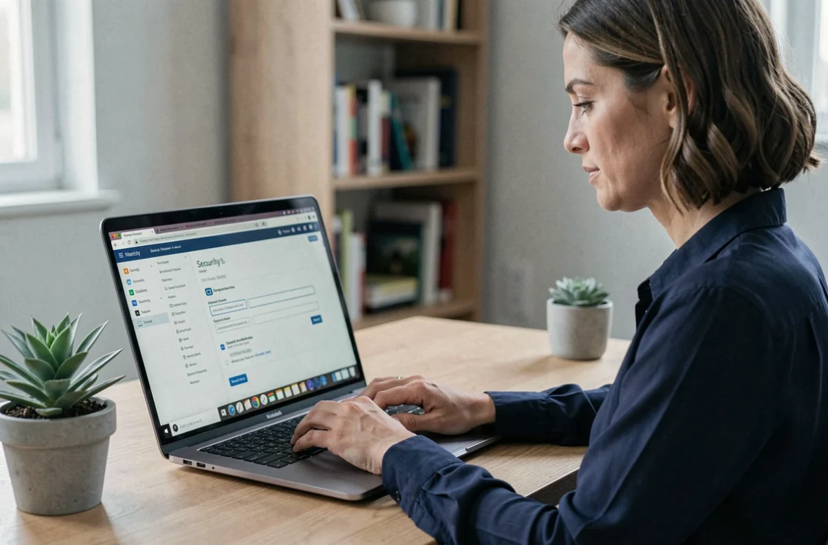 Femme configurant la sécurité de son webmail sur un ordinateur portable dans un bureau à domicile
