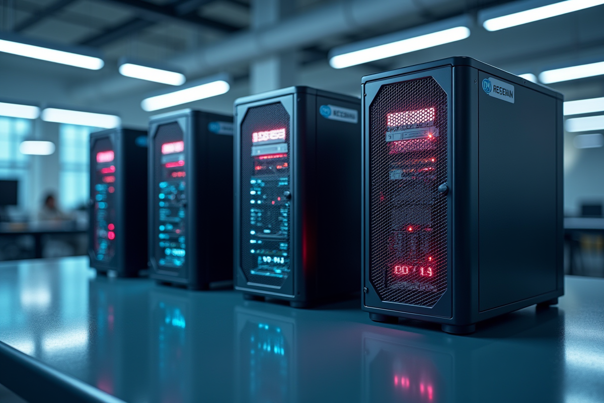 Quatre serveurs de bases de données dans un laboratoire technologique lumineux