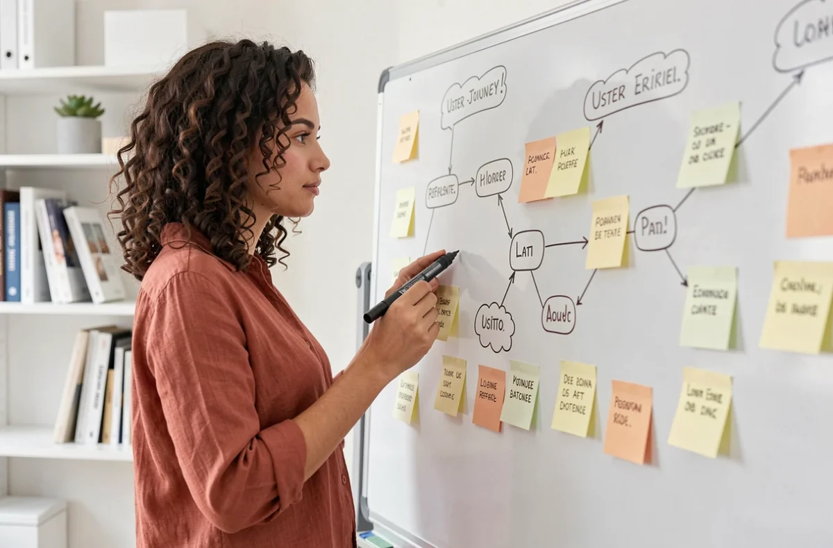 Conceptrice web féminine devant un tableau blanc avec diagrammes de création digitale dans un studio à Marseille