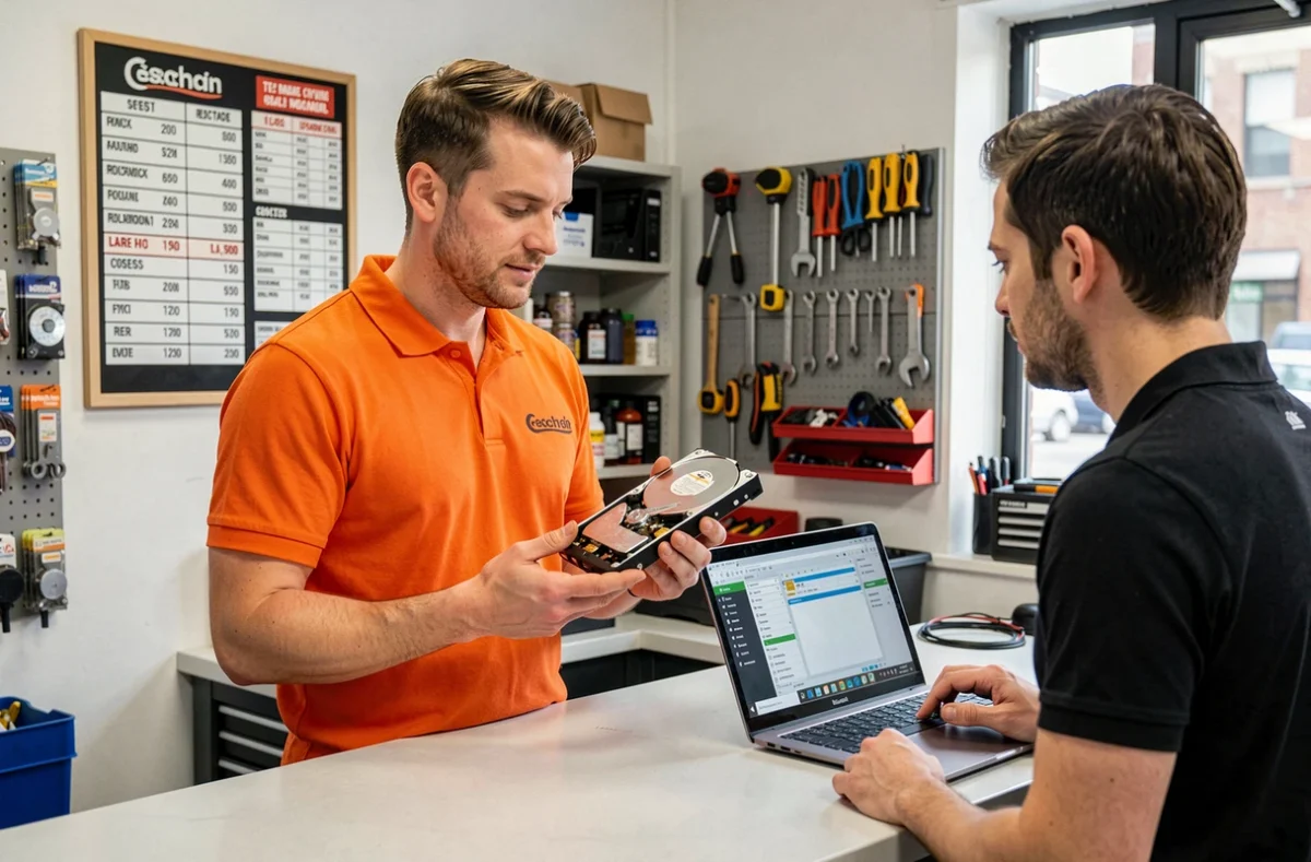 Technicien SOS Informatique présentant un disque dur récupéré à un client dans une boutique de dépannage