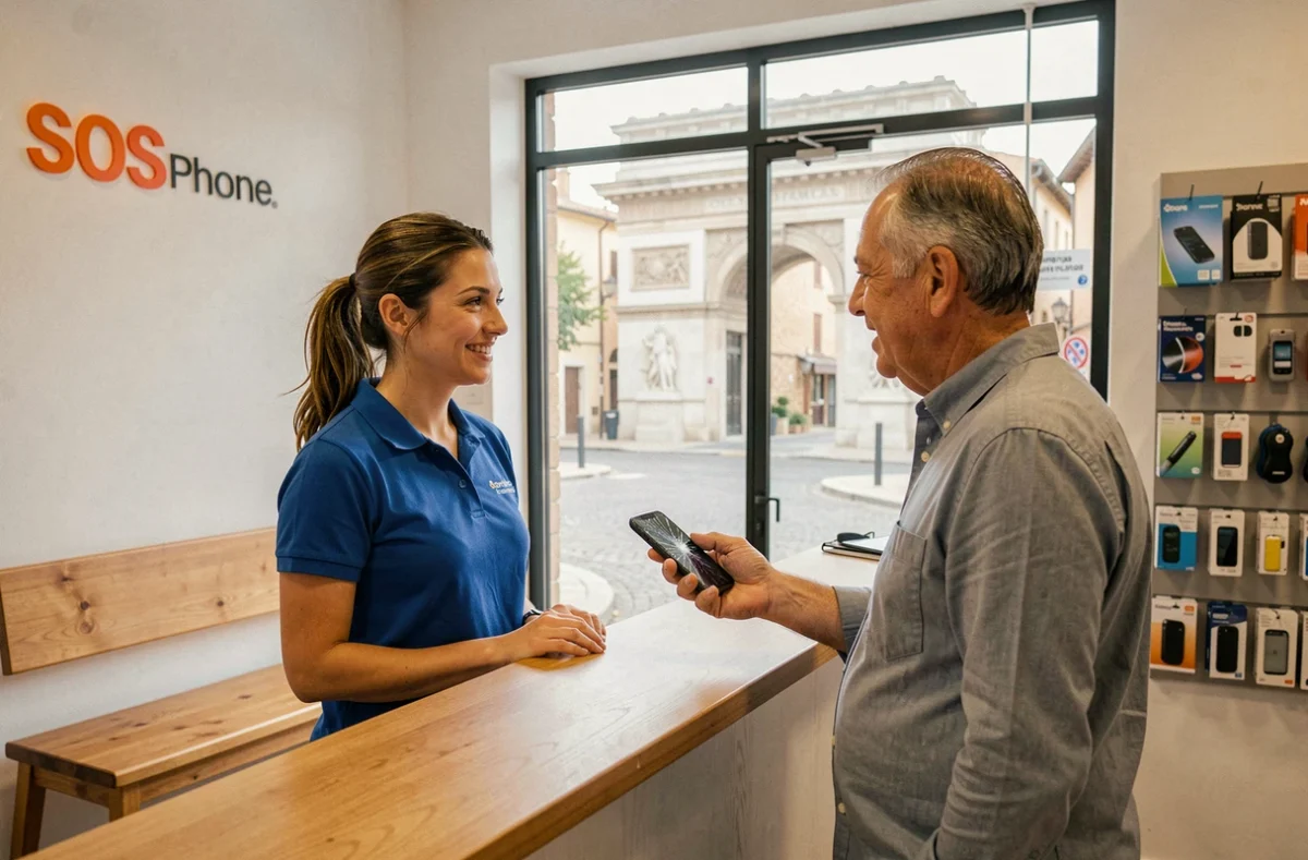 Technicienne SOS Phone Carpentras accueillant un client avec un smartphone à écran cassé