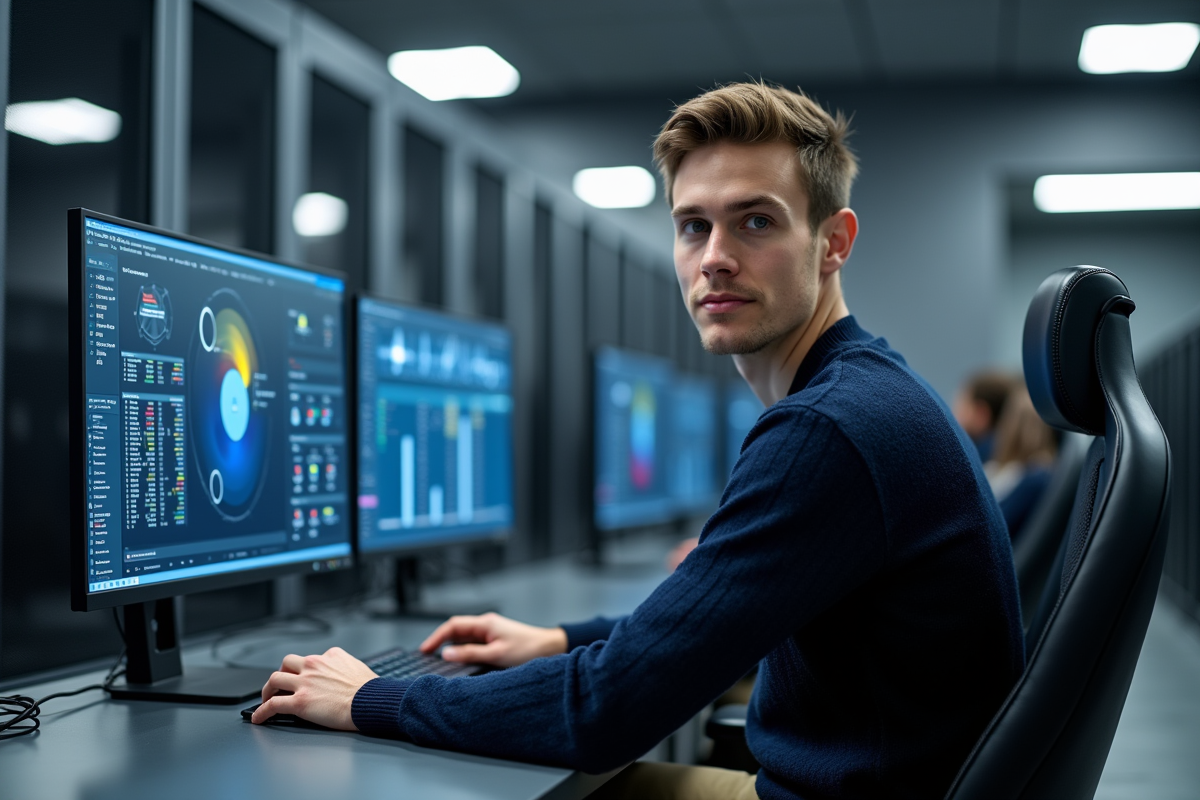 Jeune spécialiste informatique devant serveurs et écrans