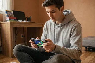 Jeune homme jouant à un jeu Pokemon GBA sur Steam Deck dans une chambre de gamer