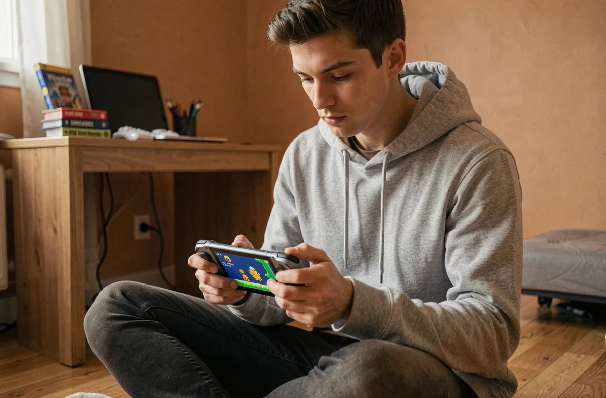 Jeune homme jouant à un jeu Pokemon GBA sur Steam Deck dans une chambre de gamer