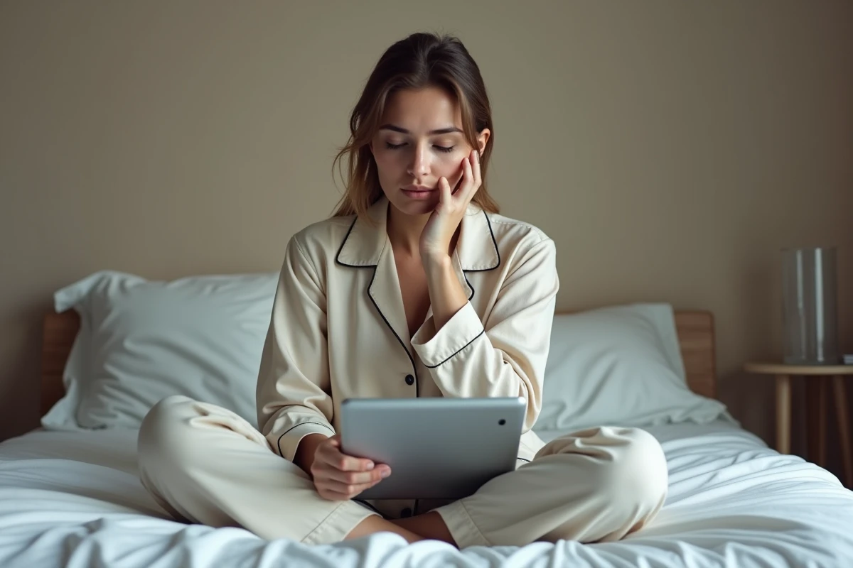 Jeune femme consultant le profil d'un ex sur une tablette dans sa chambre, questionnement sur les limites de la surveillance en ligne