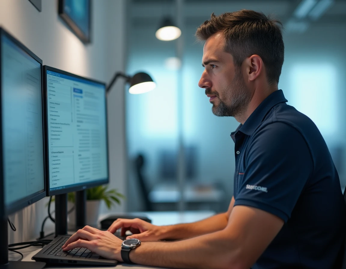Technicien Synoméga en train de diagnostiquer un ordinateur portable dans un bureau informatique moderne