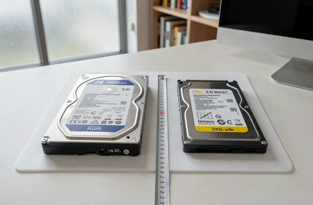 Comparaison côte à côte d'un disque dur 3,5 pouces et d'un SSD 2,5 pouces avec un mètre ruban pour illustrer les différences de taille