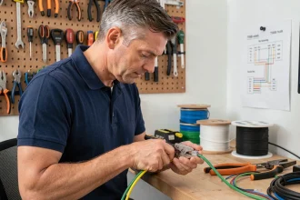 Technicien réseau câblant un connecteur RJ45 sur un câble Cat6 avec un schéma de câblage T568B affiché au mur