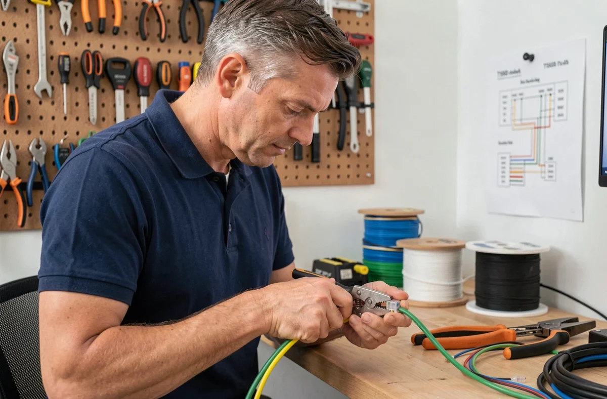 Technicien réseau câblant un connecteur RJ45 sur un câble Cat6 avec un schéma de câblage T568B affiché au mur