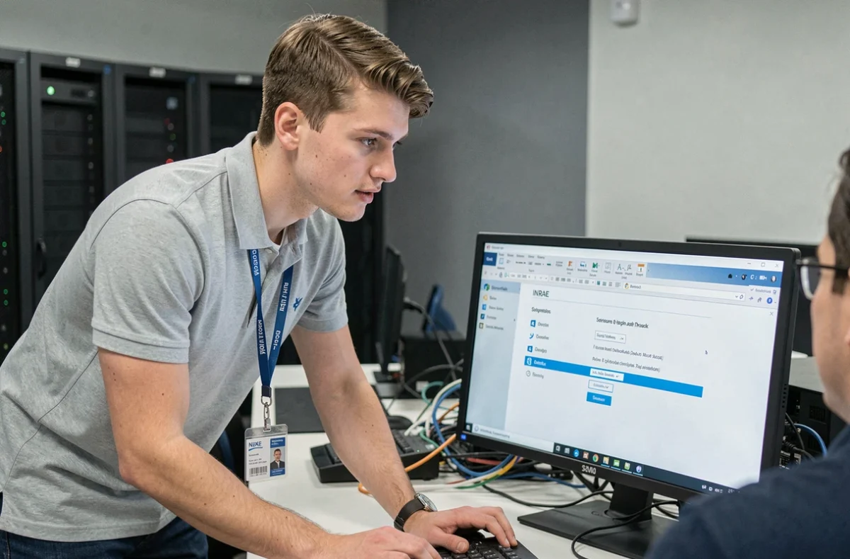 Technicien informatique aidant à configurer la messagerie INRAE sur Outlook dans un centre de support