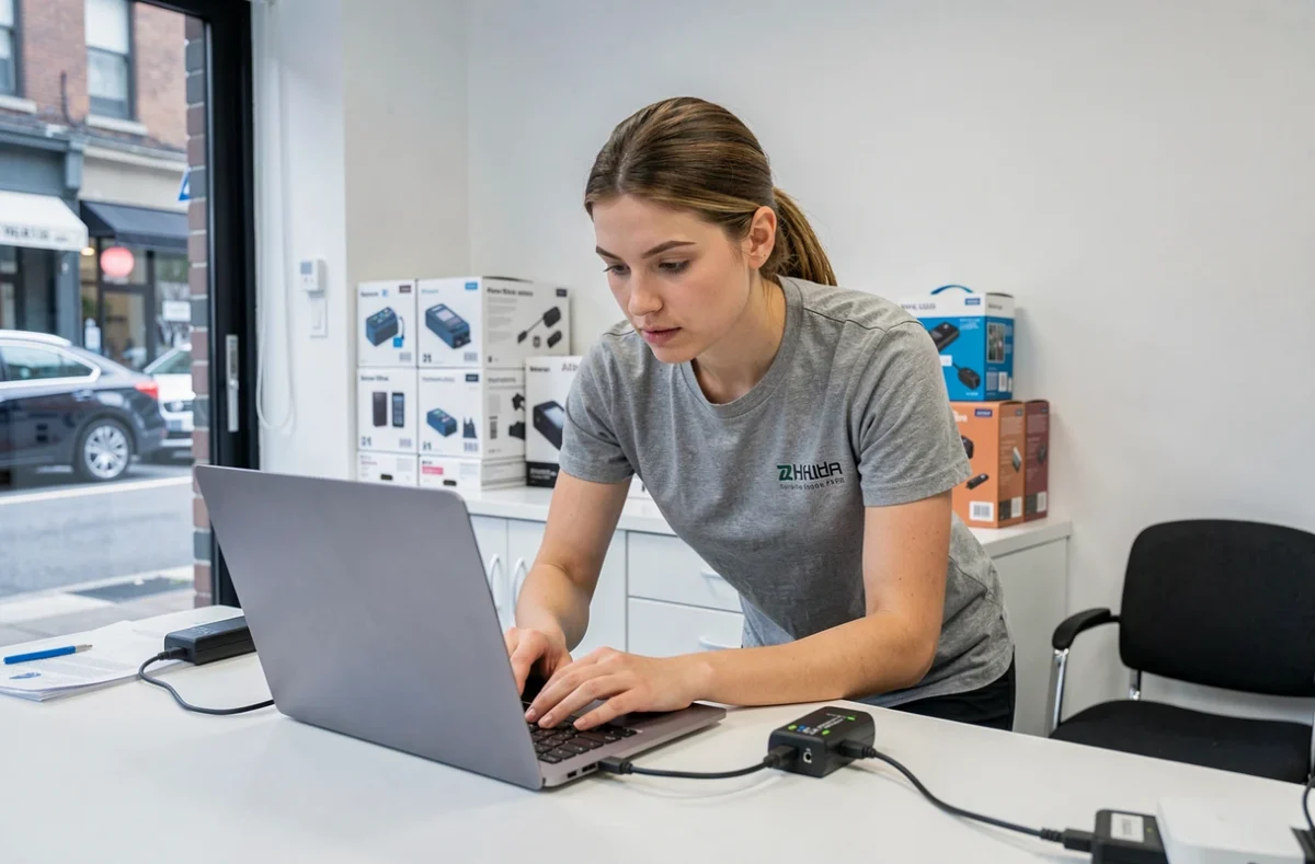Technicienne Technofix diagnostiquant un ordinateur portable dans une boutique de réparation informatique