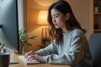 Femme appuyant sur la touche F5 d'un clavier devant Google Chrome pour actualiser une page web