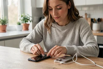Femme transférant ses données depuis un ancien smartphone vers un nouvel iPhone 12 à l'aide d'un câble USB sur une table en bois dans une cuisine moderne