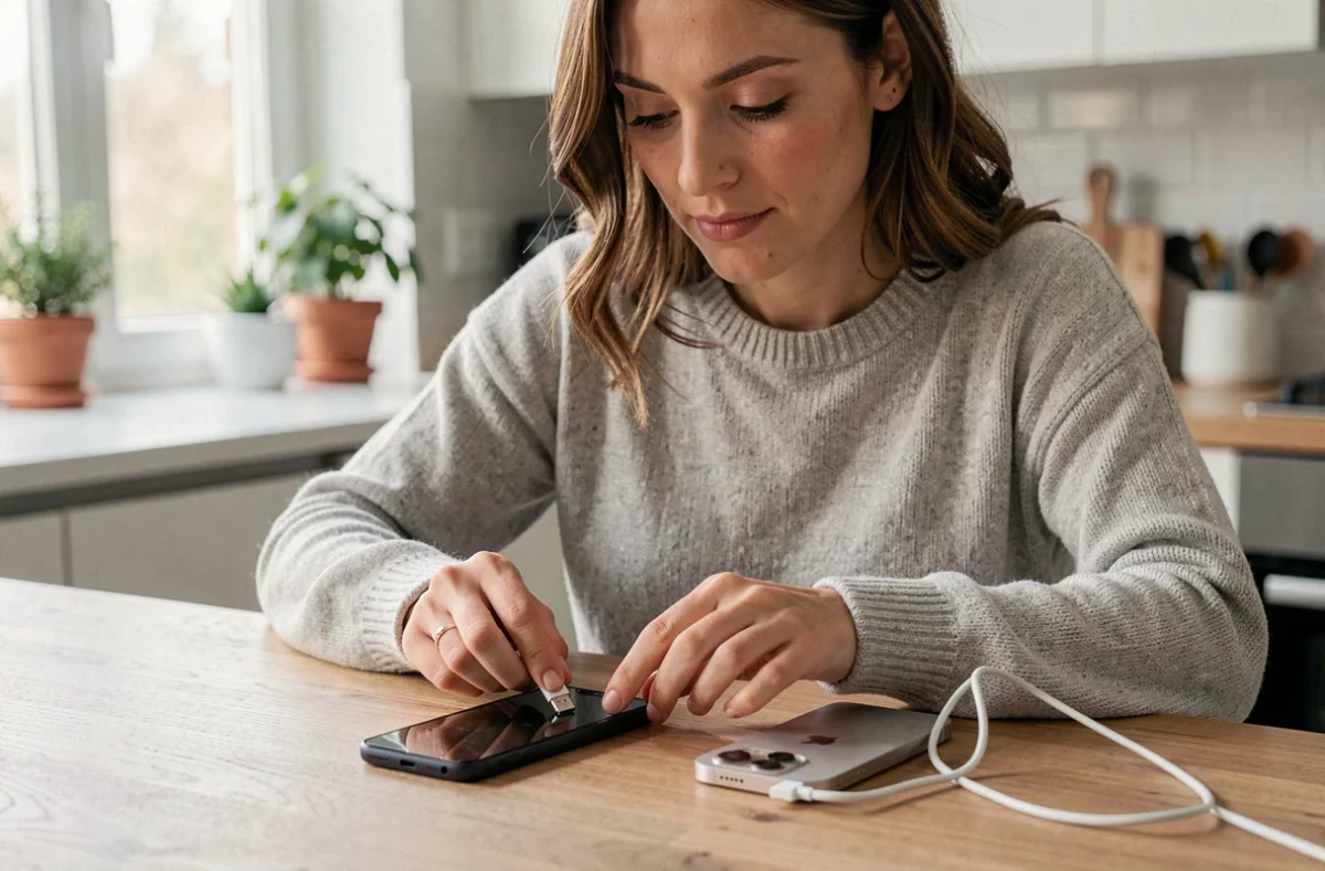 Femme transférant ses données depuis un ancien smartphone vers un nouvel iPhone 12 à l'aide d'un câble USB sur une table en bois dans une cuisine moderne