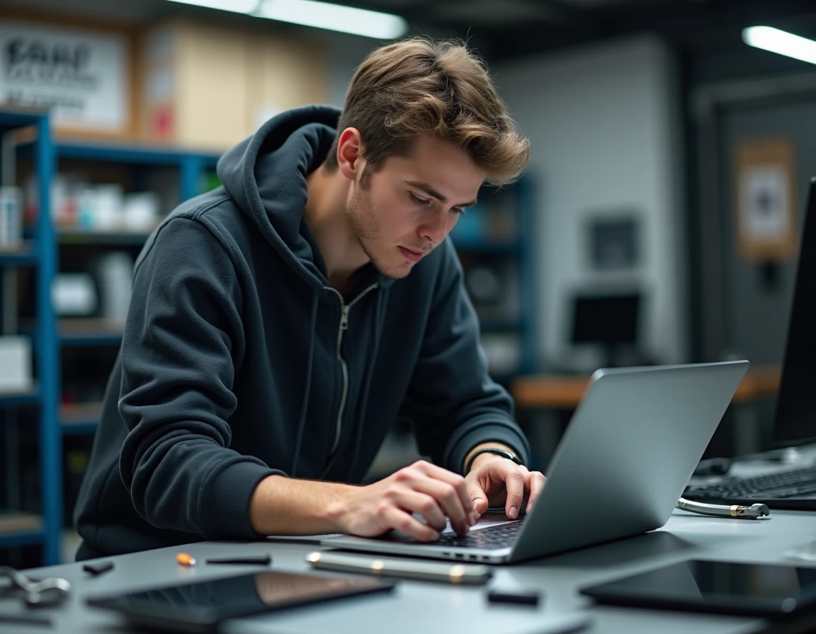 Technicien Utech Informatique remplaçant un écran d'ordinateur portable dans un atelier de réparation