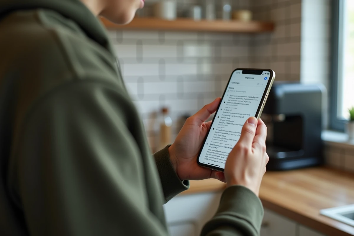 Personne utilisant le gestionnaire de presse-papier Android dans une cuisine moderne au quotidien
