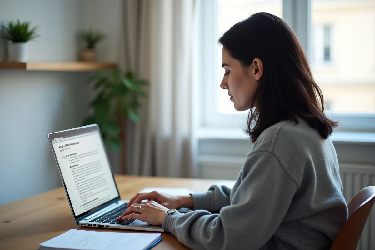 Femme consultant des informations légales françaises sur un partage de fichiers en ligne depuis son appartement à Paris