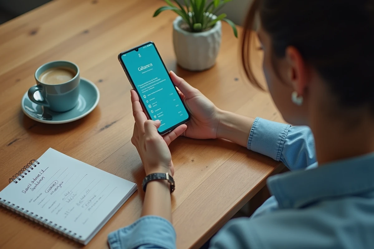 Femme vérifiant la batterie d'un Galaxy S23 d'occasion avec une checklist manuscrite sur une table en bois
