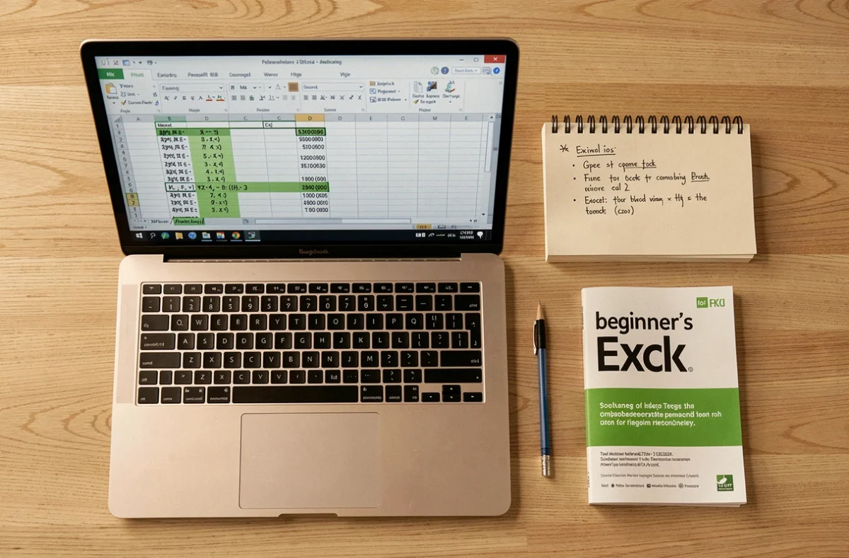 Vue aérienne d'un bureau avec un ordinateur affichant des formules de soustraction Excel et des notes manuscrites pour débutants
