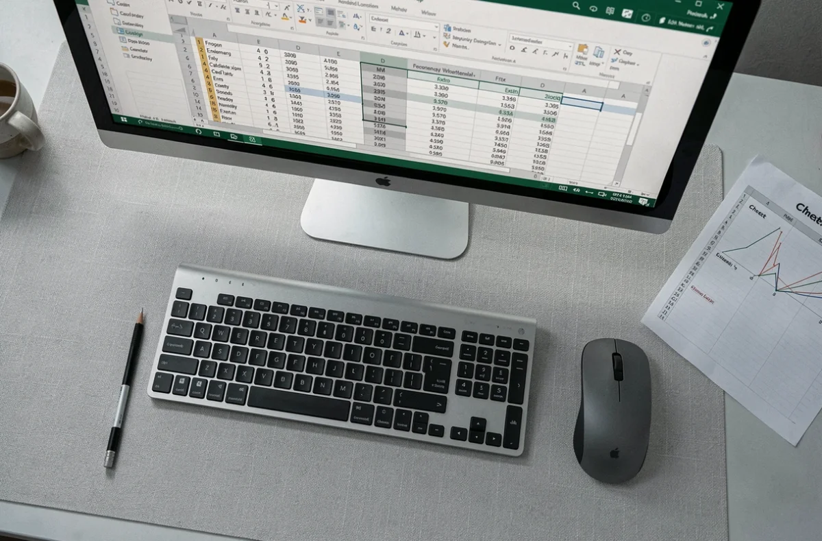 Vue aérienne d'un bureau avec clavier et écran affichant un tableau Excel avec volets figés visibles