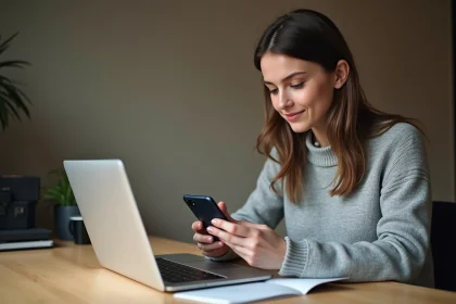 Jeune femme consultant le webmail académique de Nantes sur son iPhone depuis un bureau à domicile