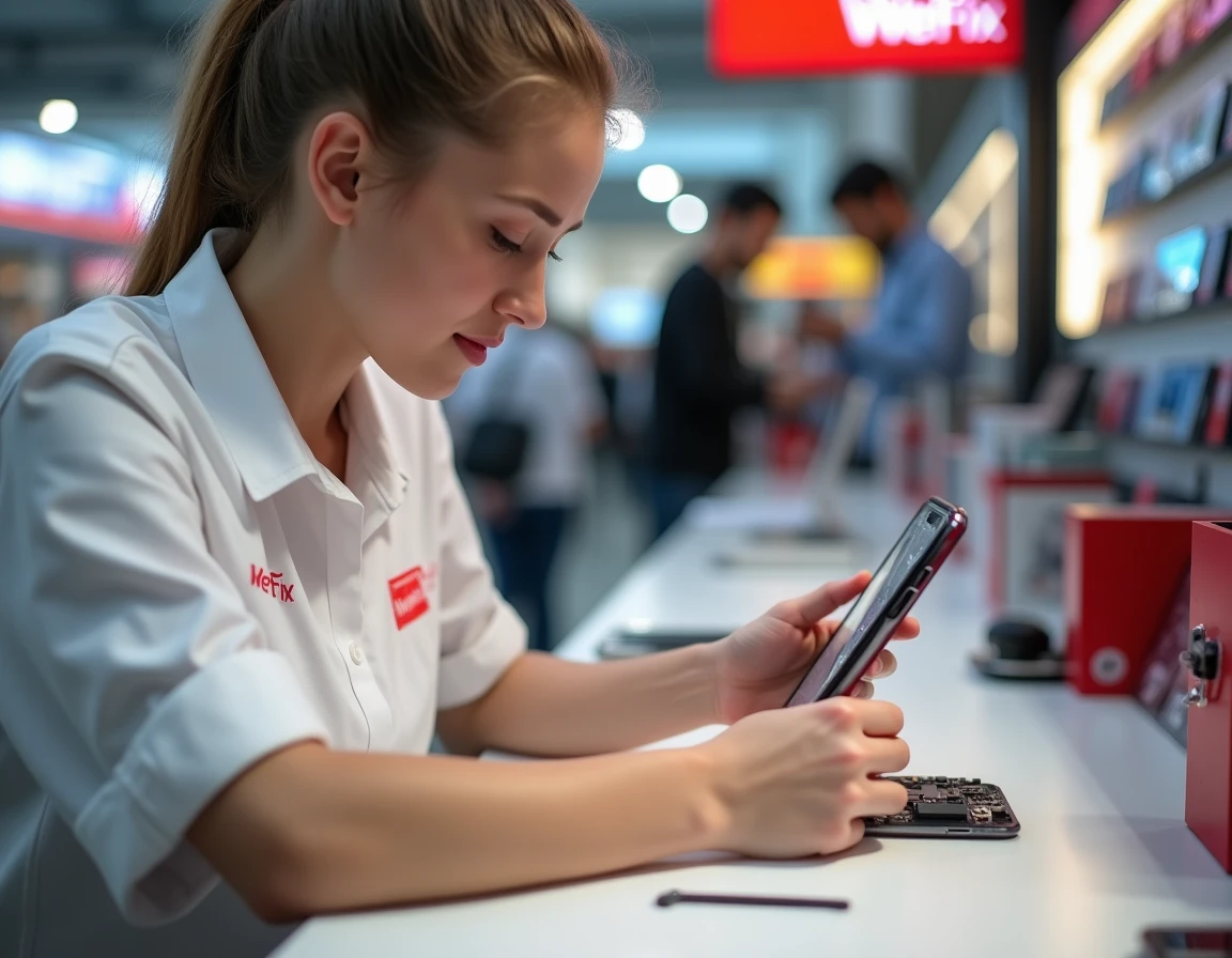 Technicienne WeFix remplaçant l'écran d'un smartphone dans un kiosque de réparation express