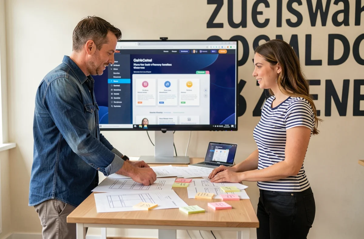 Équipe créative de l'agence Wokine à Lille collaborant sur des wireframes imprimés et une interface d'application web affichée sur grand écran dans un studio orné d'une fresque typographique